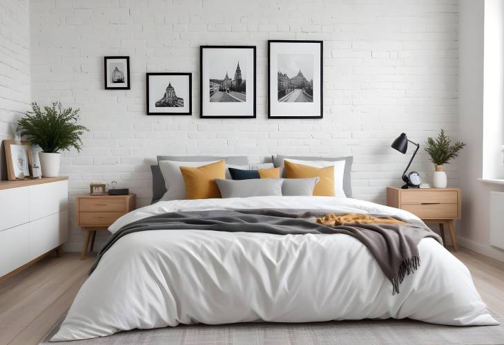 Elegant Bedroom Decor Comfy Bed, Bedside Tables, Chest of Drawers, and Art on White Wall