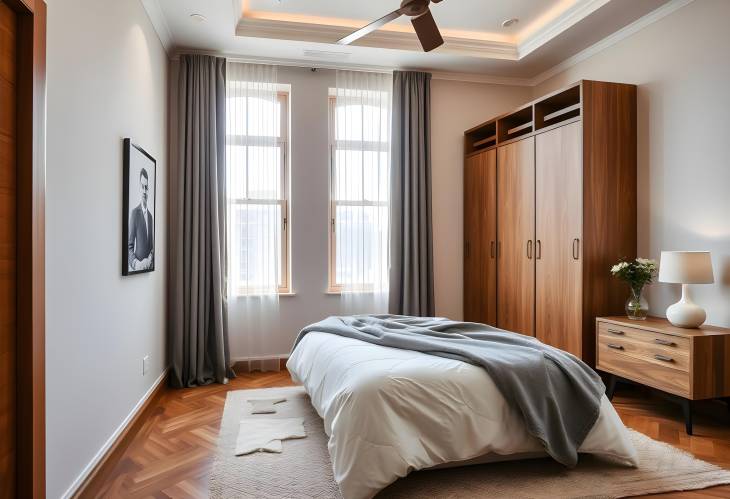 Elegant bedroom with cozy bed and wooden cabinet, offering a warm and serene environment