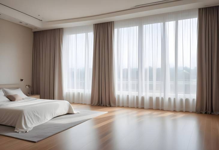 Elegant Bedroom with Large Floor to Ceiling Window and Transparent Curtains