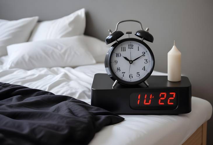 Elegant Black Alarm Clock on Bed  Modern and Cozy Bedroom with Sleek Timepiece