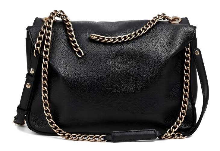 Elegant Black Leather Handbag with Chain Detail for Women, Isolated on White