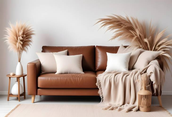 Elegant Brown Sofa with Lamp and Pampas Grass Vase Isolated on White Background for Stylish Living 