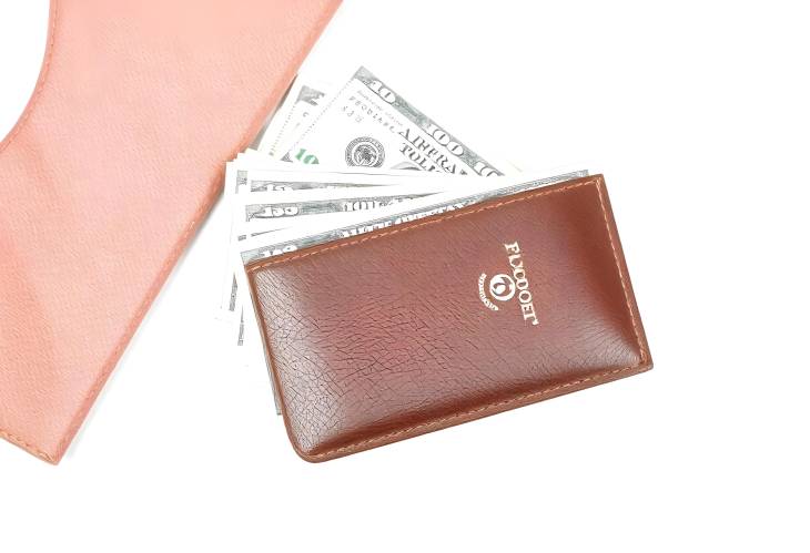 Elegant Brown Wallet with Cash on White Background Perfect for Finance