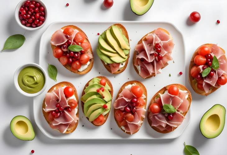 Elegant Bruschettas with Avocado, Prosciutto, Tomatoes, and Pomegranate  A Delicious Appetizer