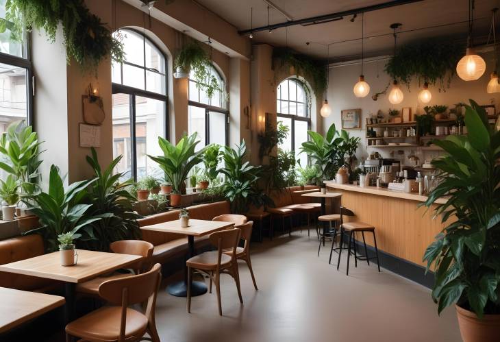 Elegant Cafe Design with Indoor Plants  Modern and Comfortable Setting