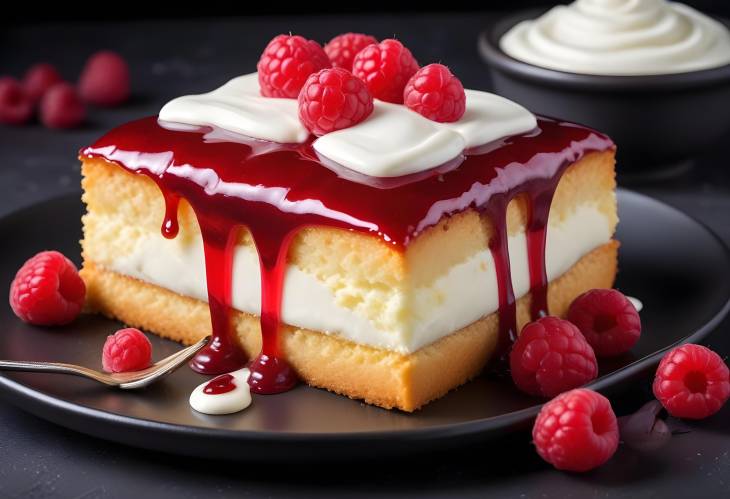 Elegant Cake with Raspberry Sauce and Cream Close Up Pastry Snack on Dark Background