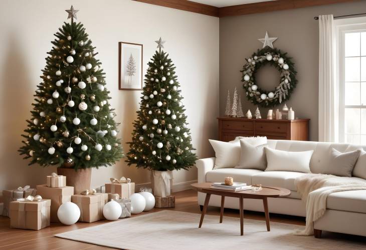 Elegant Christmas Living Room with Artificial Tree, White Spheres, Stars, Gift Boxes, and Garlands 