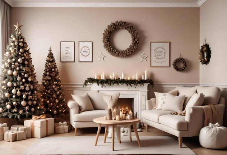 Elegant Christmas Living Room with Beige Sofa, Mockup Frames, Wreath, and Holiday Decor