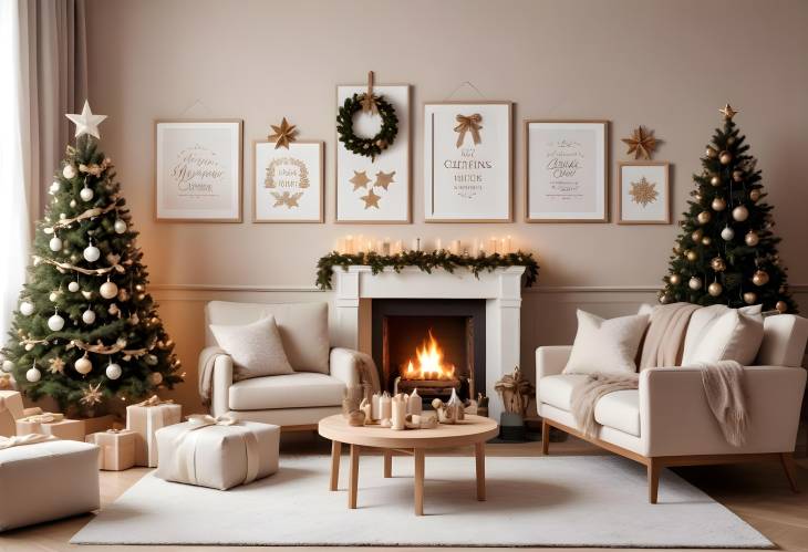 Elegant Christmas Living Room with Beige Sofa, Mockup Frames, Wreath, and Holiday Gifts