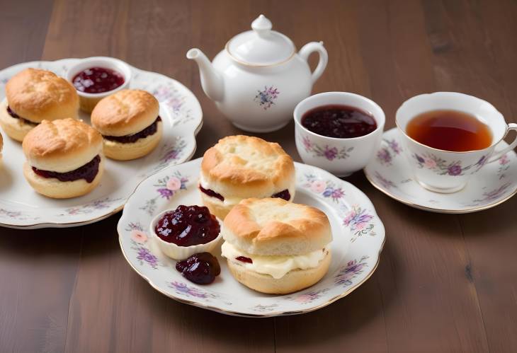 Elegant Clotted Cream Tea Fresh Scones with Clotted Cream, Jam, and a Cup of Tea