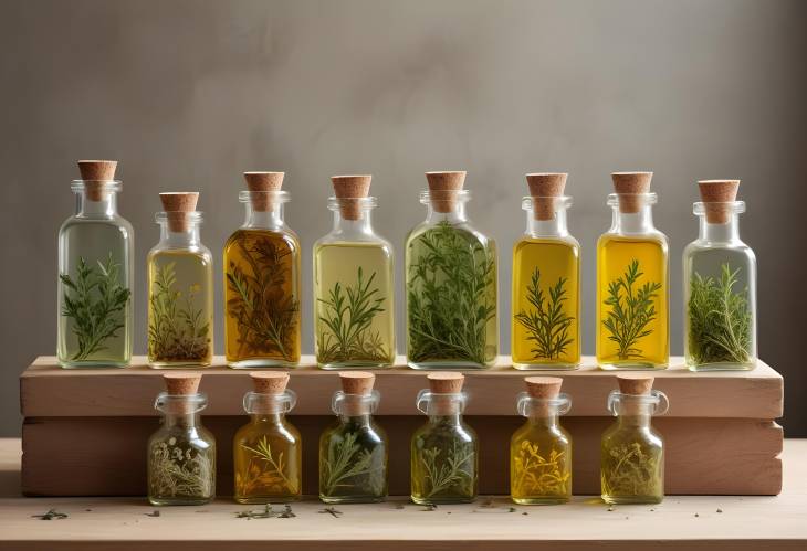 Elegant Collection of Herb Infused Oils in Glass Bottles  Artisanal Craft