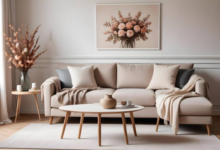 Elegant Cozy Living Room Modern Sofa, Coffee Table, Dried Flowers, and MockUp Poster in Chic Decor