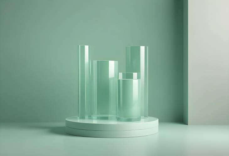 Elegant Cylinder Scene with Glass Podium and Green Pastel Studio Background for Modern Cosmetic