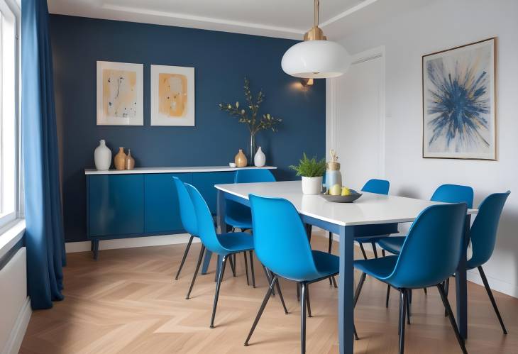 Elegant Dining Room Blue Table and Chairs in Bright Modern Flat with Contemporary Design