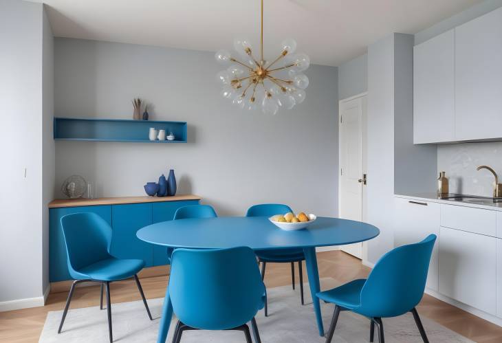 Elegant Dining Room Design Blue Table and Chairs in a Modern, Bright Flat with Contemporary Style