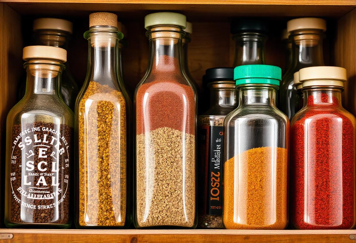 Elegant Display of Assorted Spices in Vintage Glass Bottles