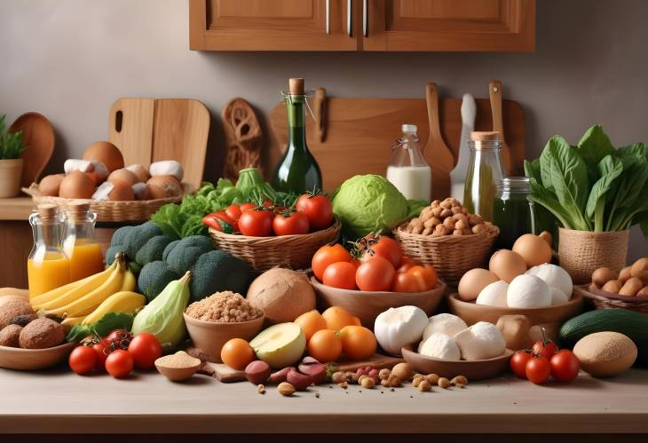 Elegant Display of Organic Foods on a Rustic Kitchen Table