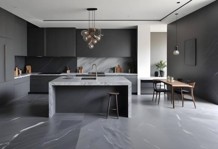 Elegant European Style Grey Slate and Marble Kitchen with Minimalist Luxury Interior Design