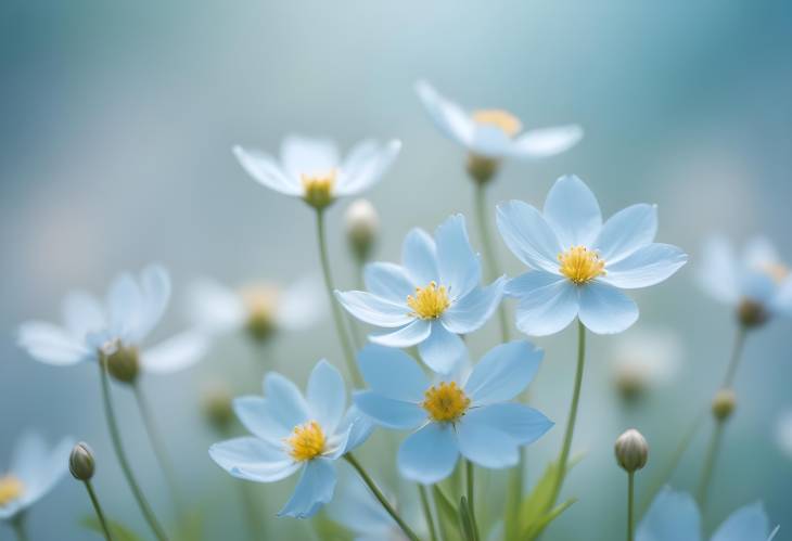 elegant flowers, spring macro, closeup detail, light blue background, forest blooms, floral close