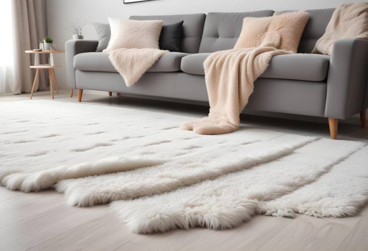 Elegant Fluffy Carpet and Stylish Furniture Indoors, Low Angle Perspective