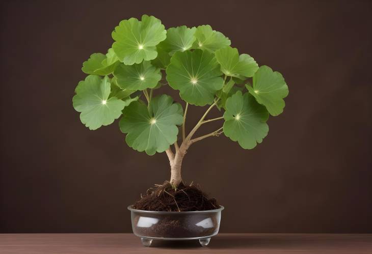 Elegant Front View of Centella Asiatica with Branch Tree on Transparent Podium, Brown Background