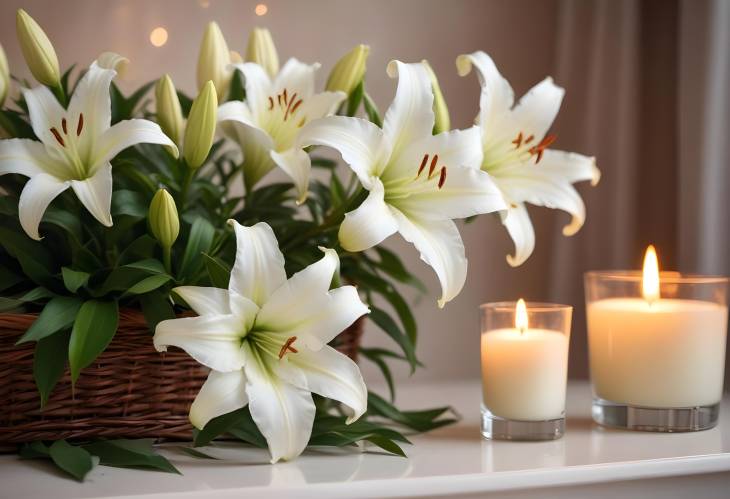 Elegant Funeral Tribute with White Lilies and Candlelight  Bokeh Effect Indoors