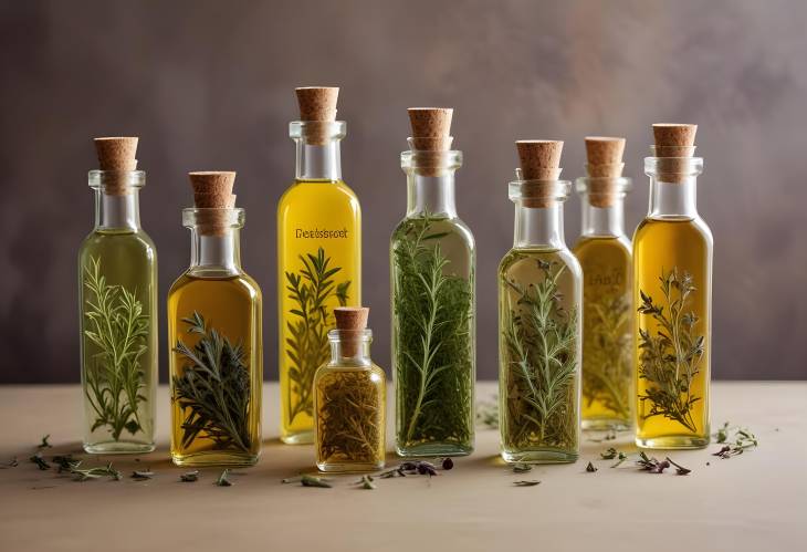 Elegant Glass Bottles of Herb Infused Oils  Artisanal Craft Collection