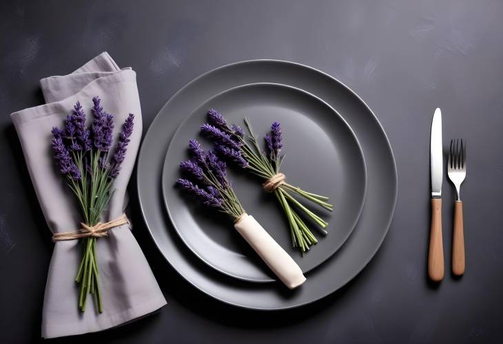 Elegant gray tableware with lavender bouquet on dark minimalist backdrop