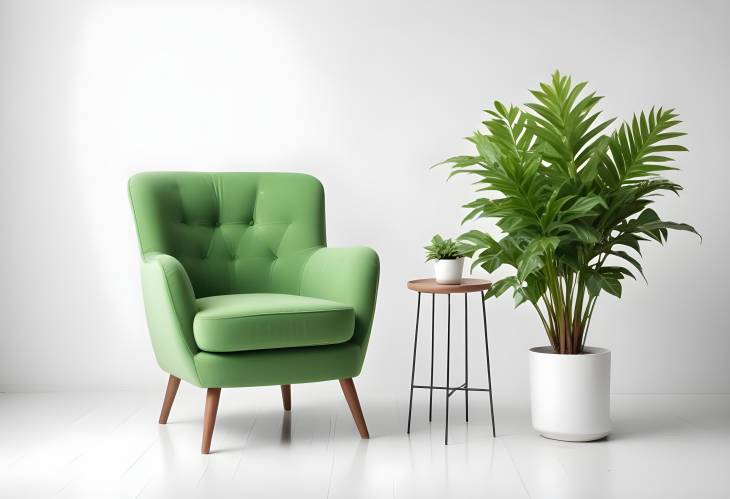 Elegant Green Armchair with a Plant Isolated on a Clean White Background