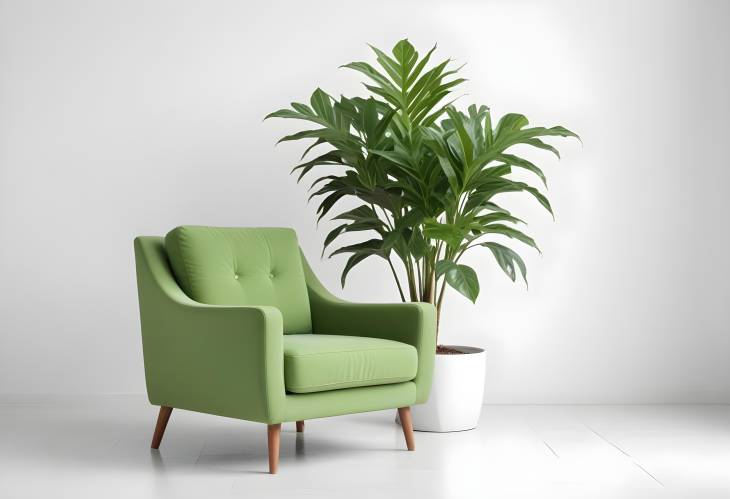 Elegant Green Armchair with Potted Plant Isolated on White for a Clean Look