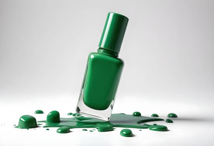 Elegant Green Nail Polish Bottle with Spilled Color on White