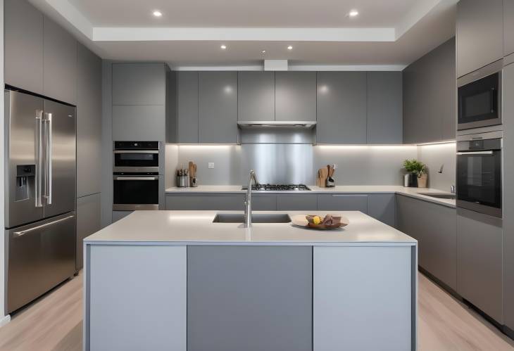 Elegant Grey Modern Kitchen with Premium Stainless Steel Appliances in Luxury Apartment Setting