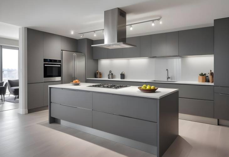 Elegant Grey Modern Kitchen with Stainless Steel Appliances in a Beautiful Luxury Apartment