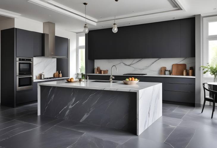 Elegant Grey Slate and Marble Kitchen with European Design and Minimalist Luxury Home Decor