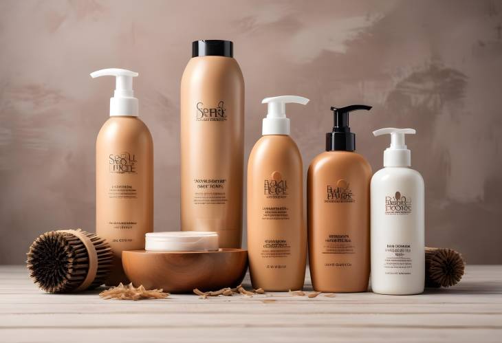 Elegant Hair Care Product Display on a Wooden Table Against a Neutral Background for a Sophisticate