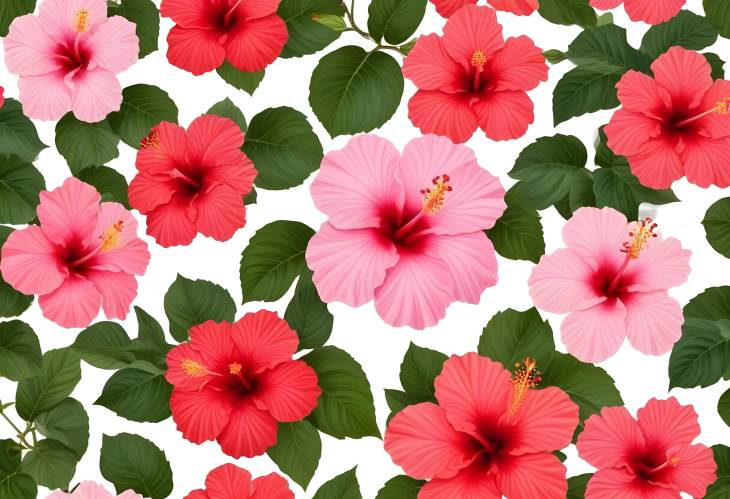 Elegant Hibiscus Collection Pink and Red Flowers on White