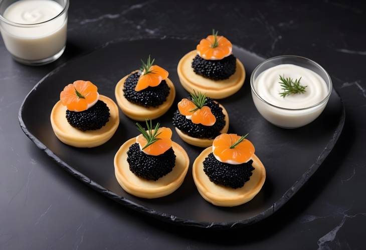 Elegant Holiday Party Appetizer Black Caviar, Mini Pancakes, and Sour Cream on Marble