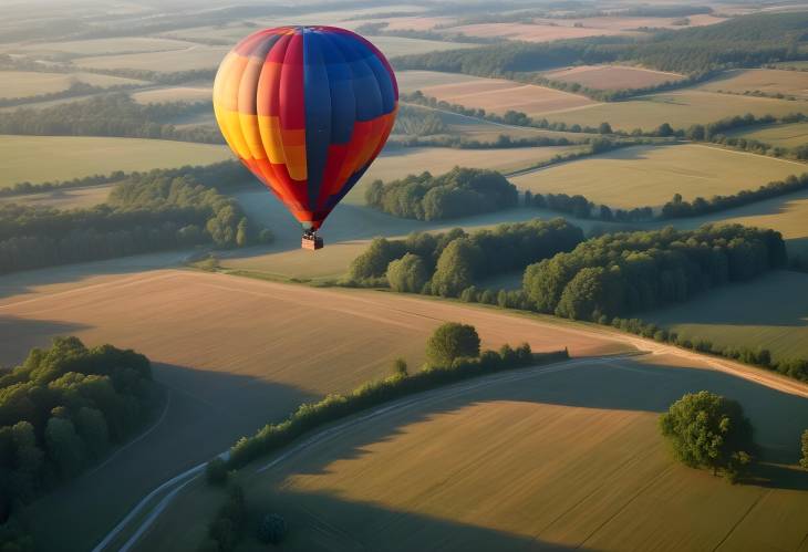 Elegant Hot Air Balloon Floating Over Countryside  Beautiful Aerial View