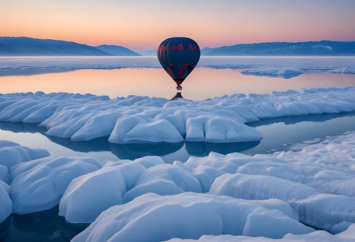 Elegant Hot Air Balloon Over Frozen Baikal Lake Winter Sunrise with Ice Hummocks and Blue Ice