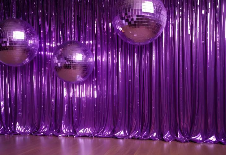 Elegant Indoor Disco Setup with Shiny Disco Balls and Purple Foil Fringe Curtain