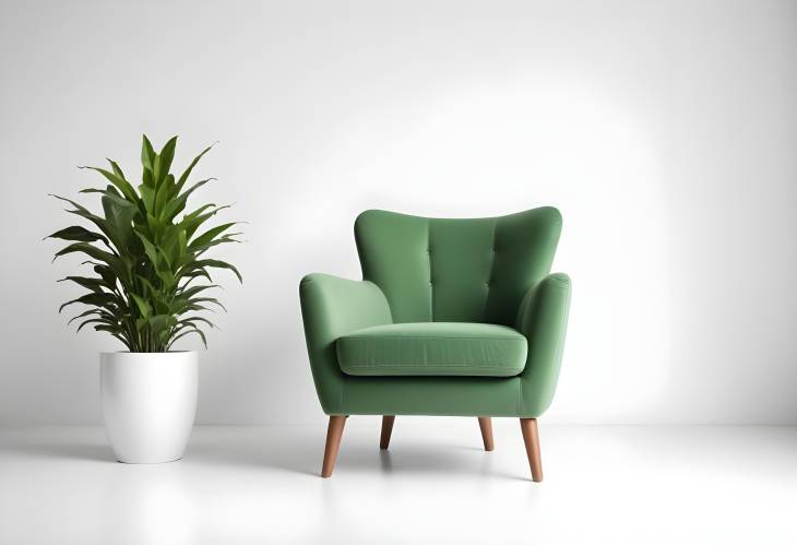 Elegant Isolated Green Armchair with a Potted Plant on a White Background