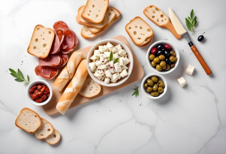 Elegant Italian Snack Platter Ham, Ciabatta, Olives, Parmesan, Grissini, Feta with Dried Tomatoes,