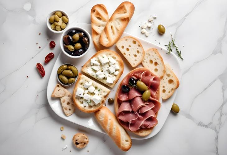 Elegant Italian Snack Selection Ham, Ciabatta, Olives, Parmesan, Grissini, Feta with Dried Tomatoe