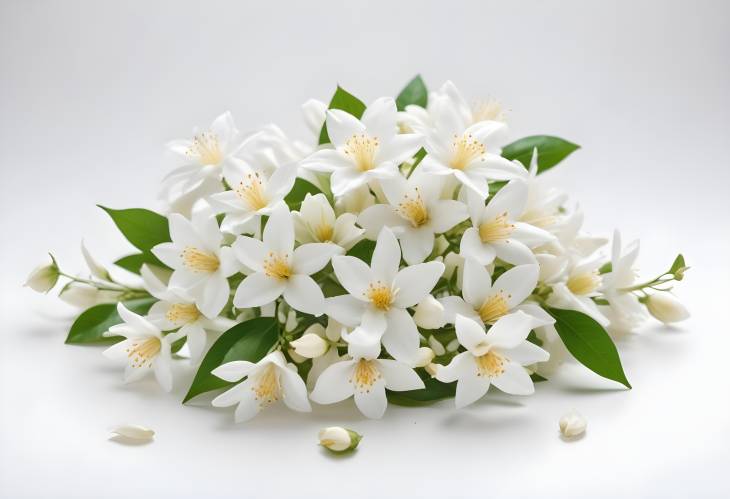 Elegant Jasmine Blossoms Floating Lightly Against a White Background