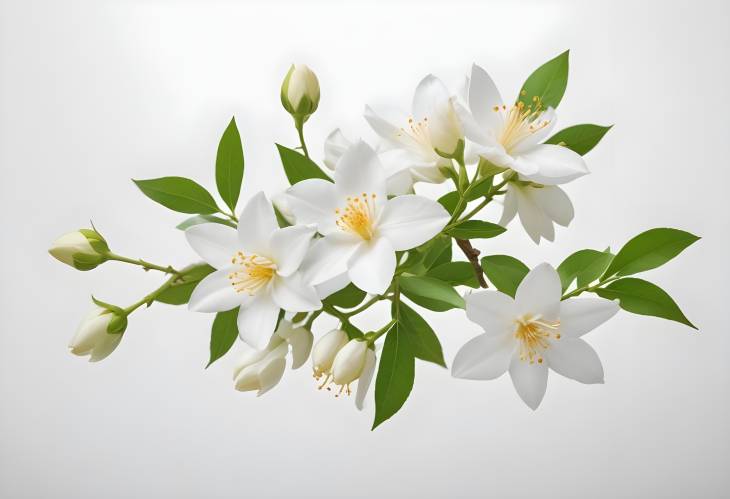 Elegant Jasmine Flowers in Air on a Simple White Background