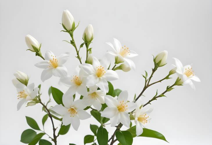 Elegant Jasmine Flowers Suspended in Air Against a Crisp White Background