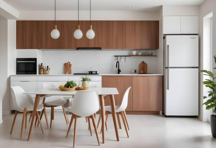 Elegant kitchen with white counters, dining table, and fridge, creating a bright and inviting