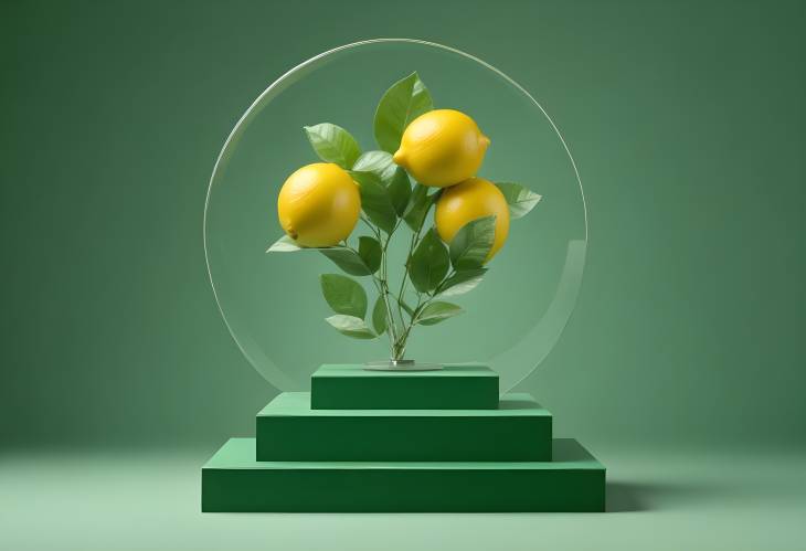 Elegant Lemon with Transparent Podium Against Green Background Front View