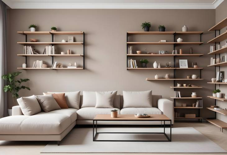 Elegant Light Living Room with Cozy Couch, Coffee Table, and Trendy Shelving Unit