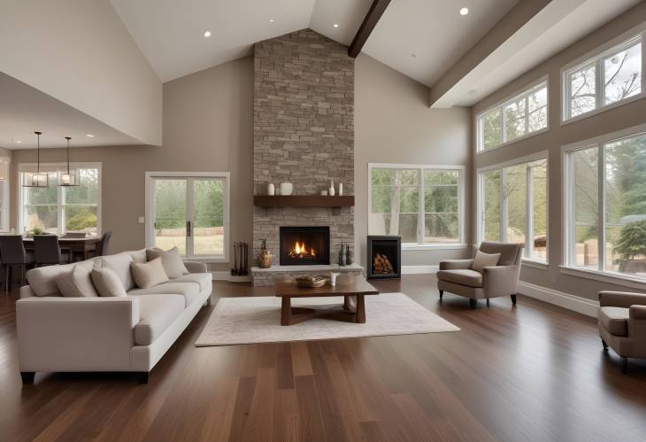 Elegant Living Room Interior with Hardwood Floors and Roaring Fireplace in Luxury Home